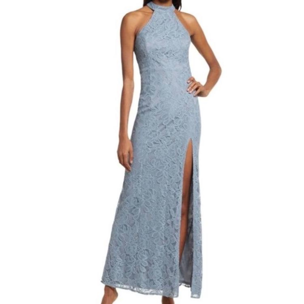 Lulus Waiting For Tnght Blue Lace Halter Top Gown Size: XL